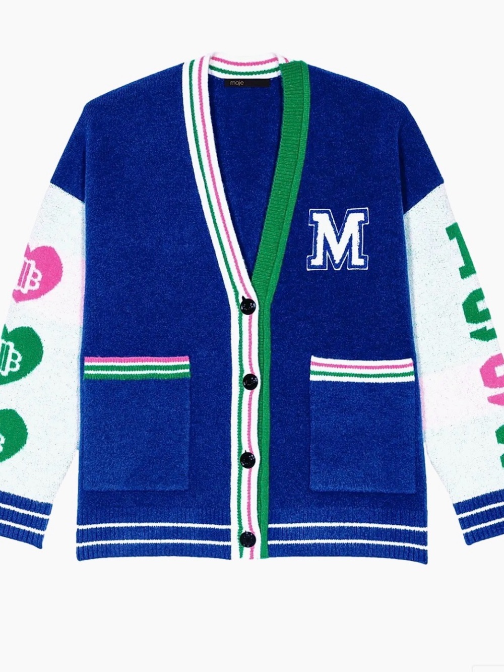 Maje Blue Cardigan with Green and Pink Trim